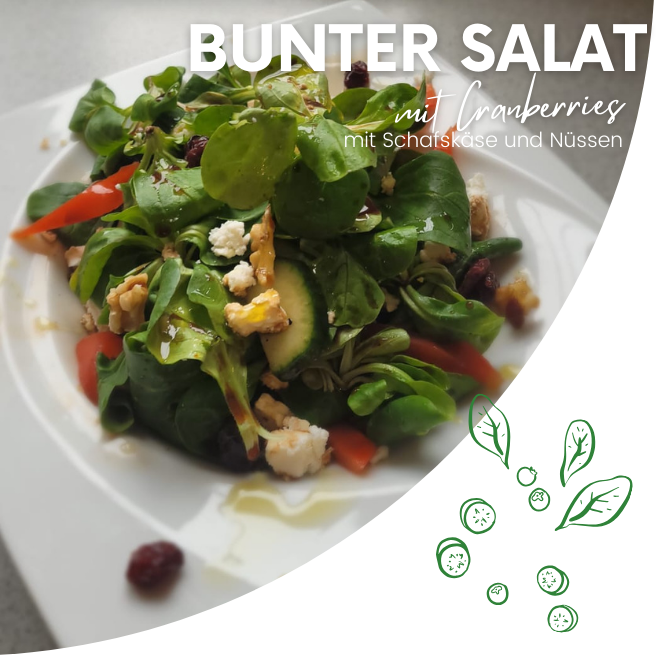 Bunter Salat mit Cranberries, Schafskäse und Nüssen